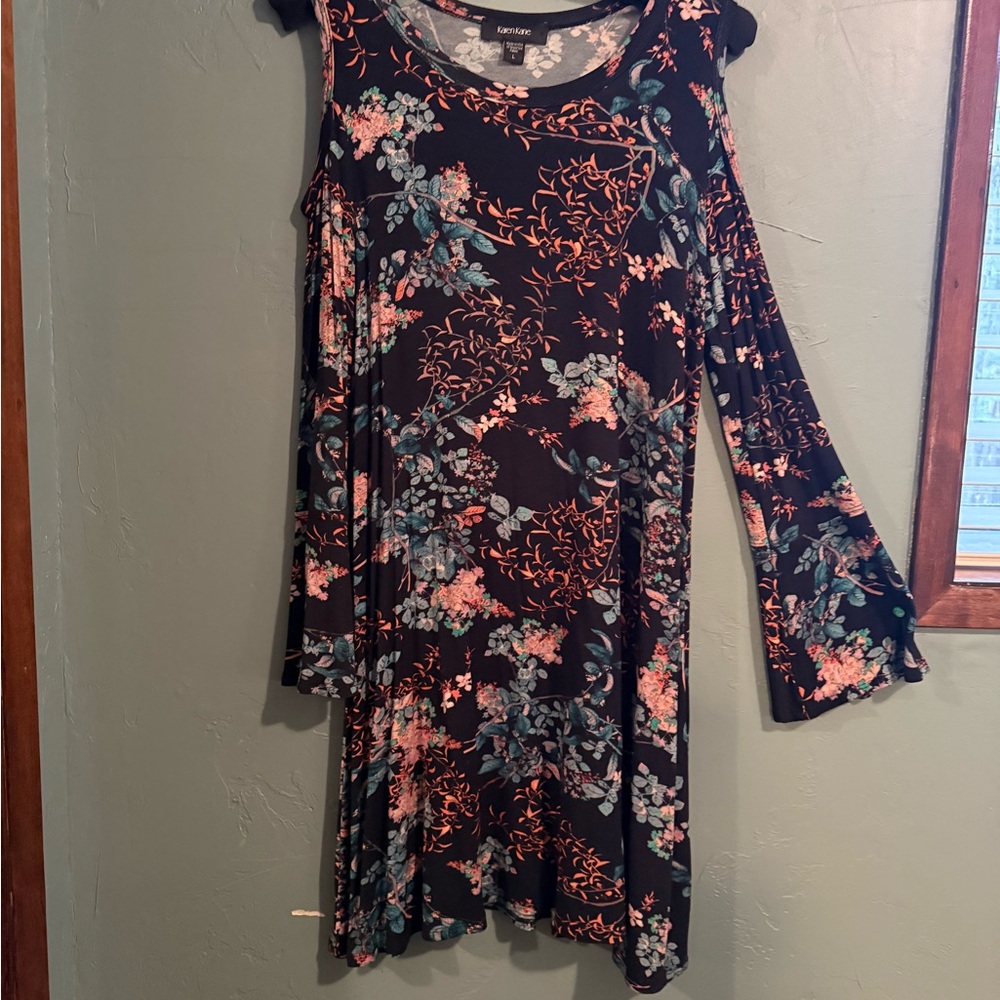 Karen Kane Navy Floral Cold-Shoulder Long Sleeve Dress